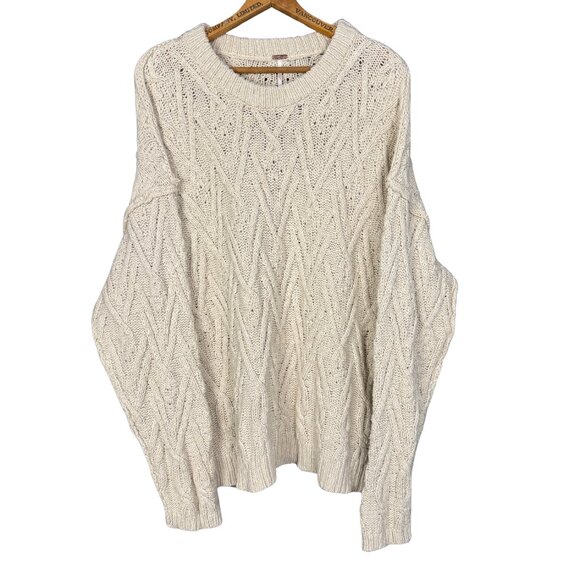 Free People Textured Cable Knit Sweater Cream Ivory Oversized Cotton Blend - Picture 1 of 6